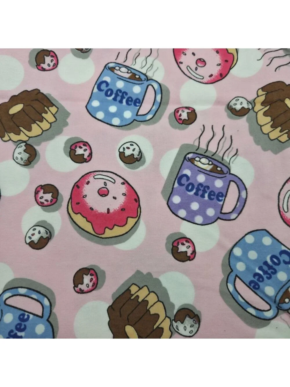 Coffee & Donuts Cotton Flannel Fabric Pink Cup Pastry Novelty Material 3 Yards
